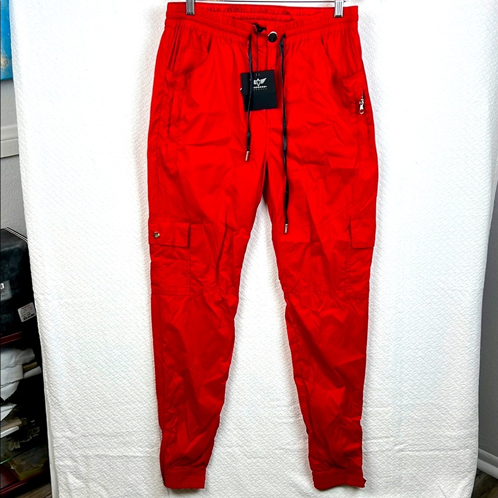 Cordova collab Diamond Men Red Jogger windbraker Pants Multi Pockets Zip Ankle M
